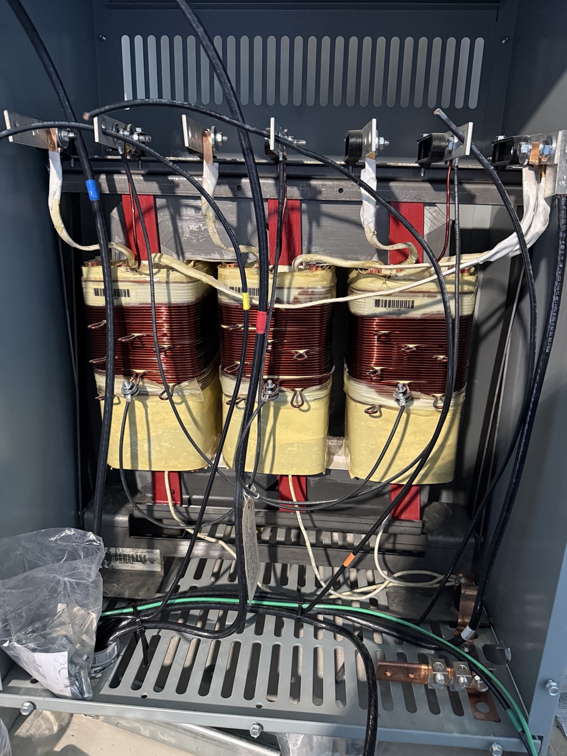 Transformer and electrical components inside an industrial cabinet